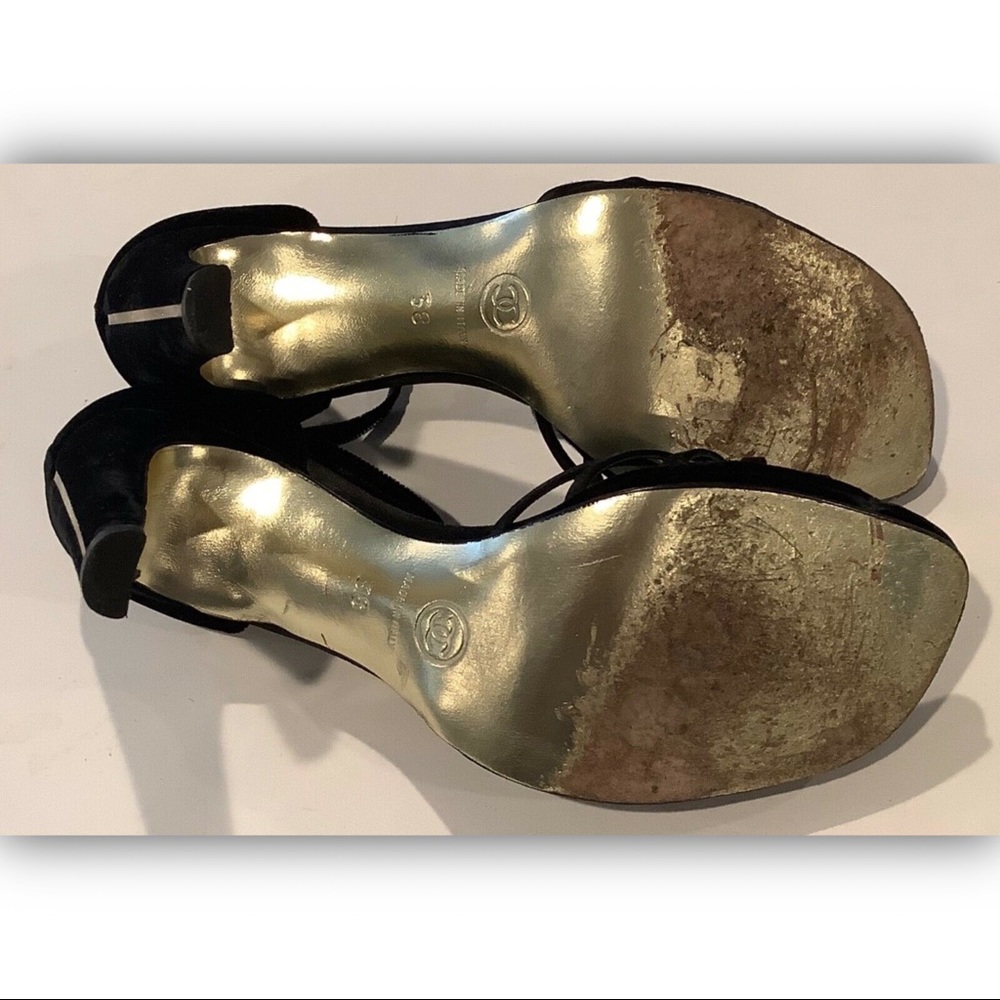 CHANEL Black Camellia Flower Velvet Strap Heels - Picture 6 of 7
